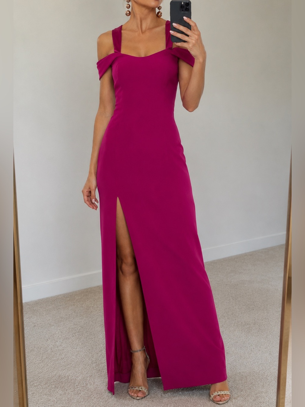 Halston Heritage hot pink evening gown with satin straps